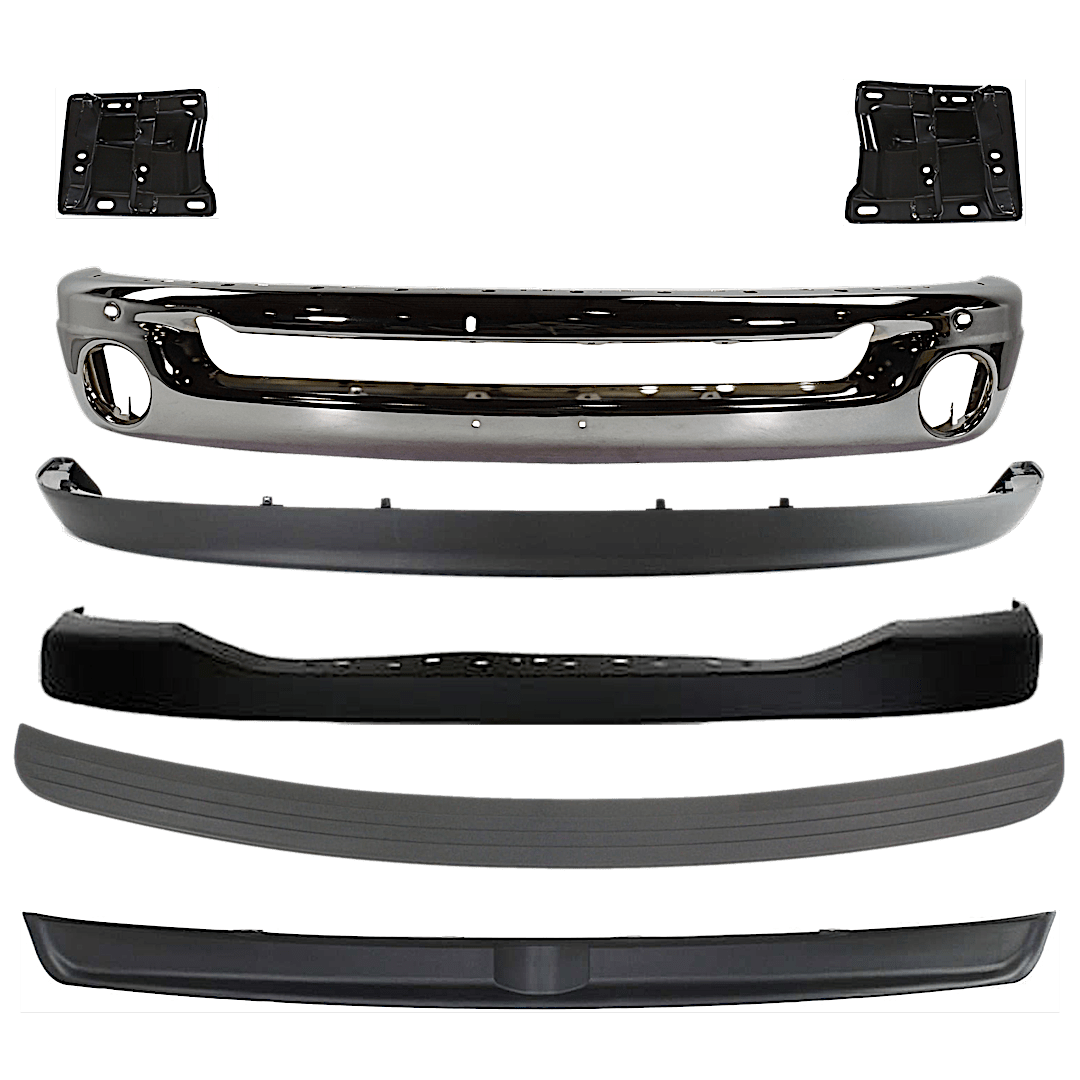 kit-071824-c105_1.png Replacement 7-Piece Kit Front Bumper, Chrome, Includes (1) Bumper, (2) Bumper Bracket, (1) Bumper Cover, (2) Bumper Trim, and (1) Valance - Image 1