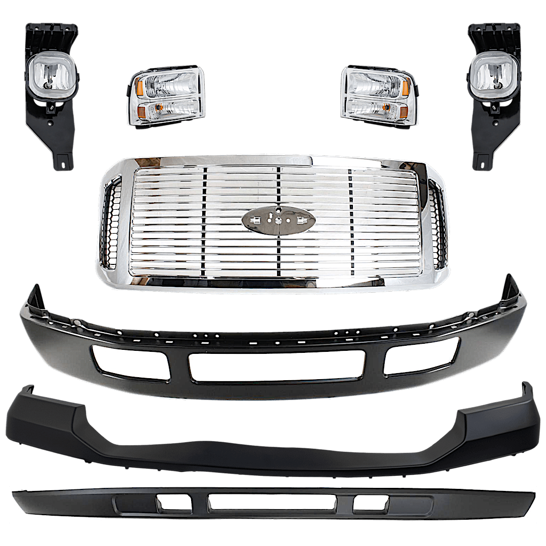 kit-071824-c108_1.png Replacement 8-Piece Kit, Front Bumper, For Models Without Fender Flare Holes, Painted Black, Includes (1) Bumper, (1) Bumper Cover, (2) Fog Light, (1) Grille, (2) Headlight, and (1) Valance - Image 1