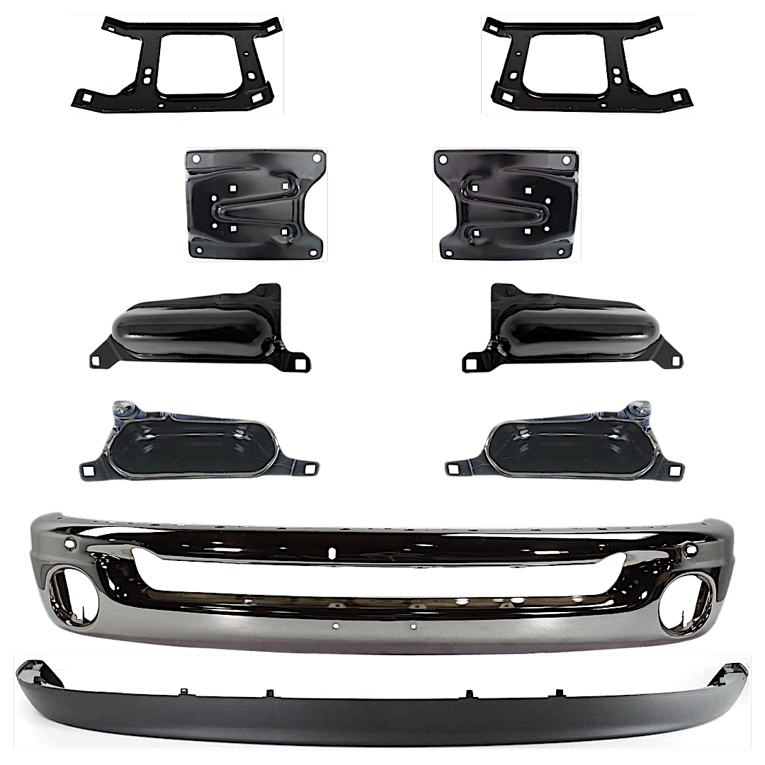 kit-071824-c13_1.png Replacement 10-Piece Kit, Front Bumper, Chrome, Includes (1) Bumper, (8) Bumper Bracket, and (1) Valance - Image 1