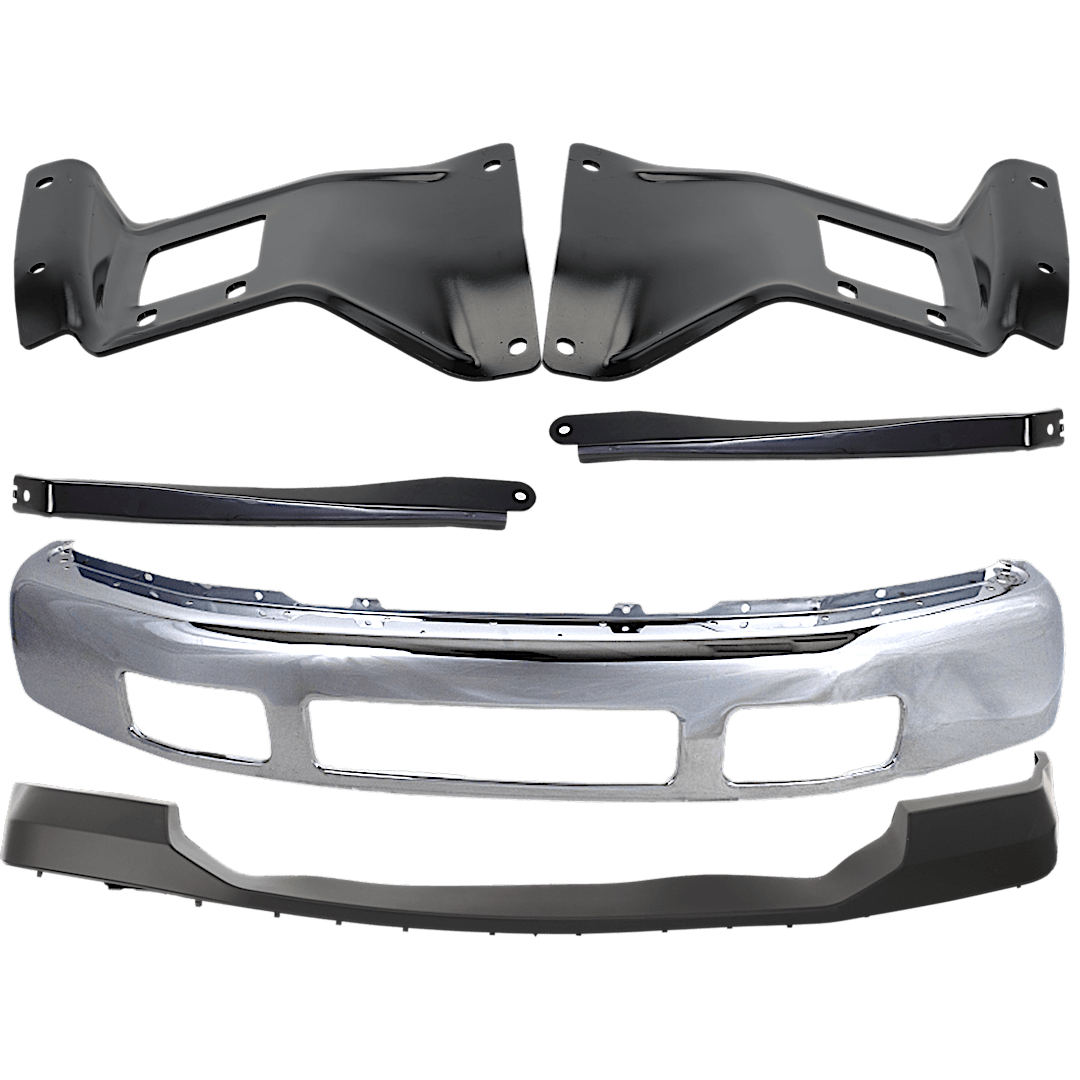 kit-071824-c183_1.png Replacement 6-Piece Kit Front Bumper, For Models Without Fender Flare Holes, Chrome, Includes (1) Bumper, (4) Bumper Bracket, and (1) Bumper Cover - Image 1