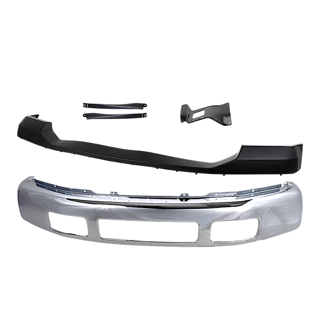 kit-071824-c296_1.png Replacement 5-Piece Kit Front Bumper, For Models Without Fender Flare Holes, Chrome, Includes (1) Bumper, (3) Bumper Bracket, and (1) Bumper Cover - Image 1