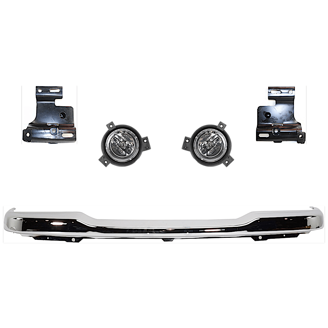 kit-071824-c323_1.png Replacement 5-Piece Kit, Front Bumper, Four Wheel Drive, Chrome, Includes (1) Bumper, (2) Bumper Bracket, and (2) Fog Light - Image 1