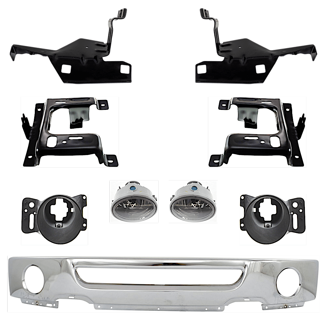 kit-071824-c37_1.png Replacement 9-Piece Kit, Front Bumper, Chrome, Includes (1) Bumper, (4) Bumper Bracket, (2) Fog Light, and (2) Fog Light Bracket - Image 1