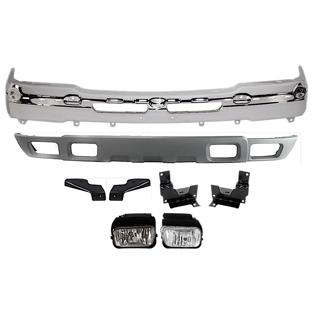 kit-071824-c54_1.png Replacement 8-Piece Kit, Front Bumper, Chrome, Includes (1) Bumper, (4) Bumper Bracket, (2) Fog Light, and (1) Valance - Image 1