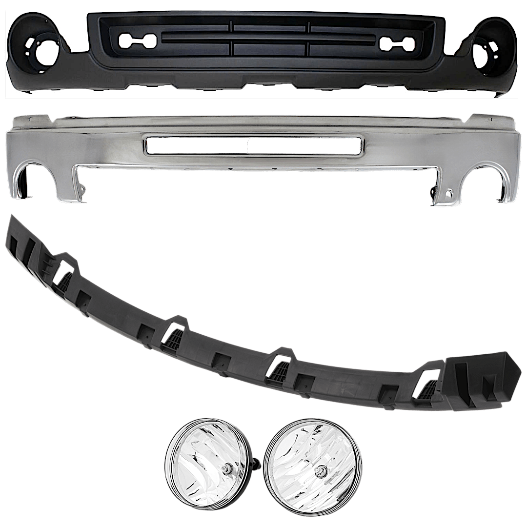 kit-071824-c556_1.png Replacement 5-Piece Kit Front Bumper, Chrome, Includes (1) Bumper, (1) Bumper Bracket, (2) Fog Light, and (1) Valance - Image 1