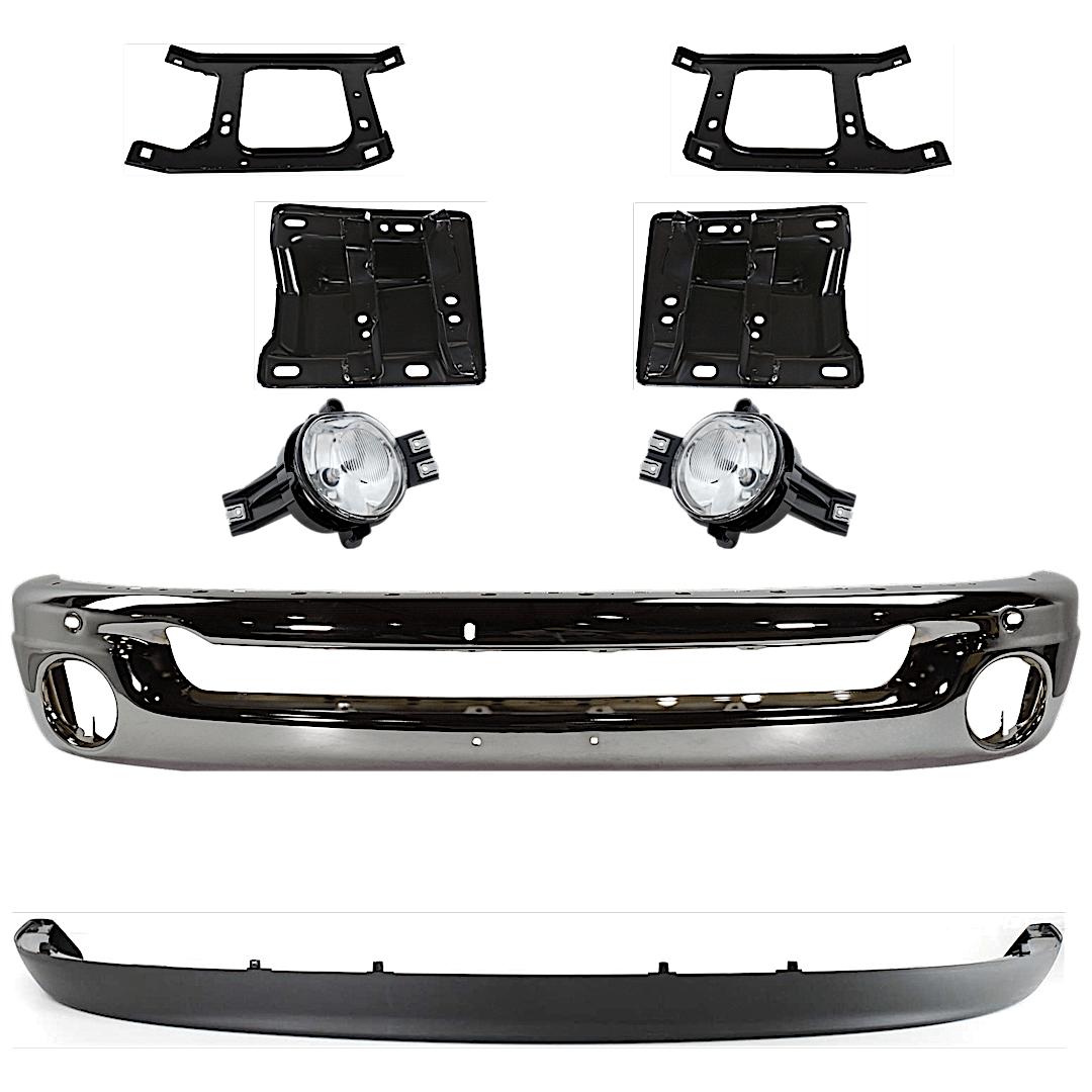 kit-071824-c58_1.png Replacement 8-Piece Kit, Front Bumper, Chrome, Includes (1) Bumper, (4) Bumper Bracket, (2) Fog Light, and (1) Valance - Image 1