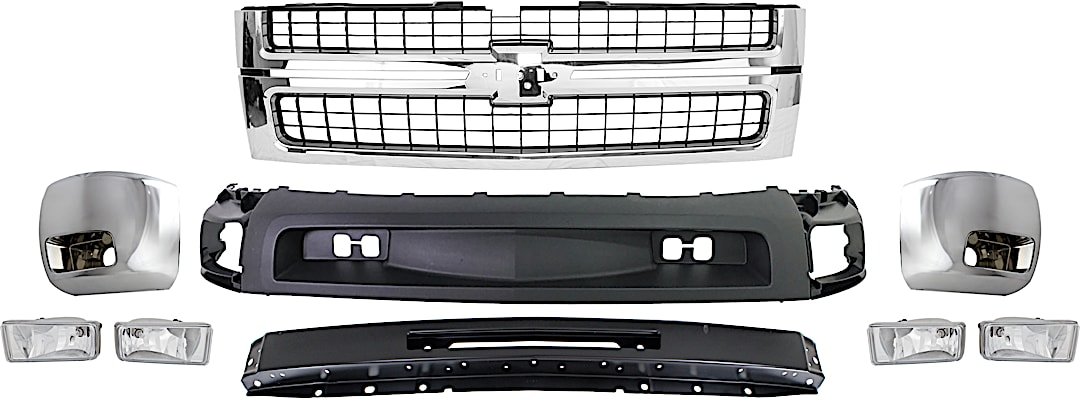 kit-071924-34_1.jpg Replacement 7-Piece Kit Grille Chrome Shell with Textured Black Insert, Includes (1) Bumper, (2) Bumper End, (2) Fog Light, (1) Grille, and (1) Valance - Image 1