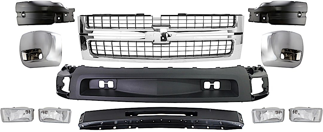 kit-071924-36_1.jpg Replacement 9-Piece Kit Grille Chrome Shell with Textured Black Insert, Includes (1) Bumper, (4) Bumper End, (2) Fog Light, (1) Grille, and (1) Valance - Image 1