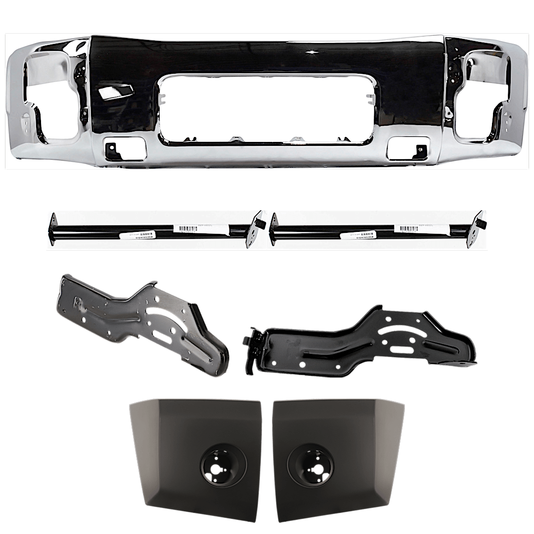 kit-072324-c138_1.png Replacement 7-Piece Kit, Front Bumper, Chrome, Includes (1) Bumper, (4) Bumper Bracket, and (2) Bumper End - Image 1