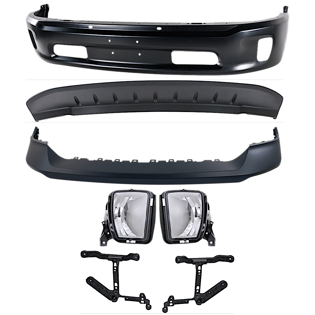 kit-072324-c219_1.png Replacement 7-Piece Kit, Front, Lower Bumper, For Models With Two Piece Bumper Type, Painted Black, Includes (1) Bumper, (2) Bumper Bracket, (1) Bumper Cover, (2) Fog Light, and (1) Valance - Image 1