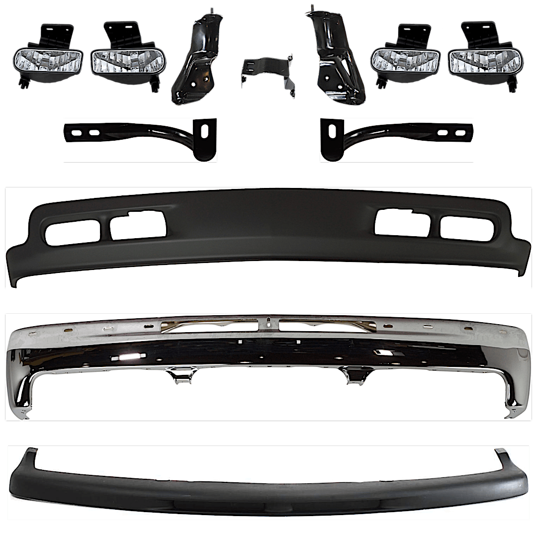 kit-072324-c55_1.png Replacement 10-Piece Kit, Front Bumper, Chrome, Includes (1) Bumper, (5) Bumper Bracket, (1) Bumper Trim, (2) Fog Light, and (1) Valance - Image 1
