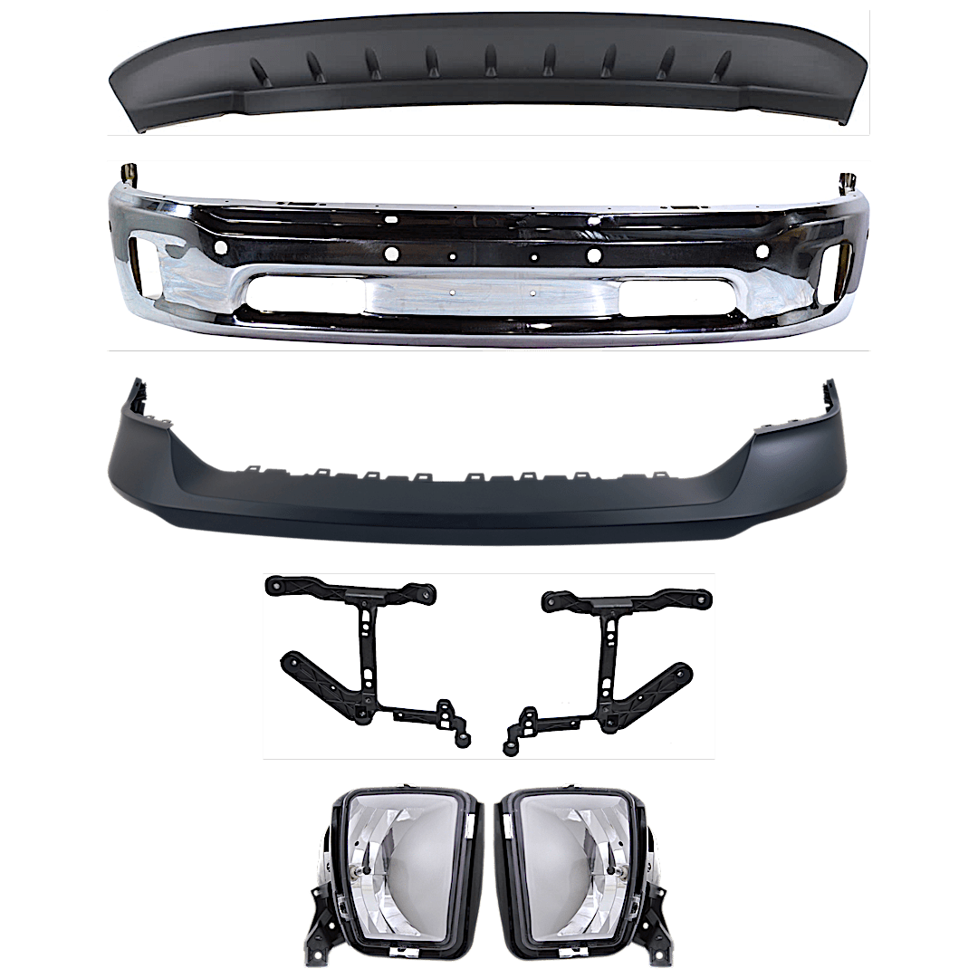 kit-072924-c113_1.png Replacement 7-Piece Kit, Front, Lower Bumper, For Models With Two Piece Bumper Type, Chrome, Includes (1) Bumper, (2) Bumper Bracket, (1) Bumper Cover, (2) Fog Light, and (1) Valance - Image 1