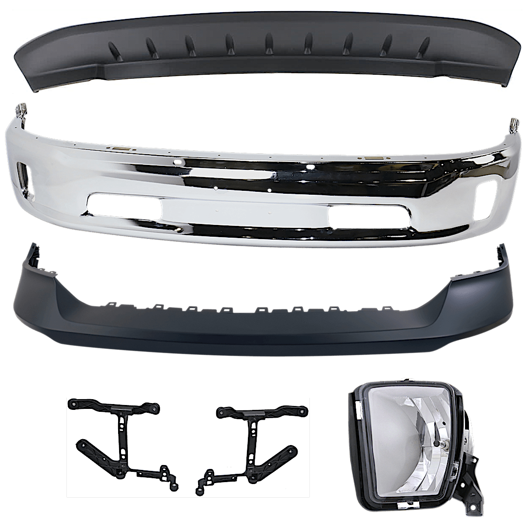 kit-072924-c136_1.png Replacement 6-Piece Kit, Front, Lower Bumper, Chrome, Includes (1) Bumper, (2) Bumper Bracket, (1) Bumper Cover, (1) Fog Light, and (1) Valance - Image 1