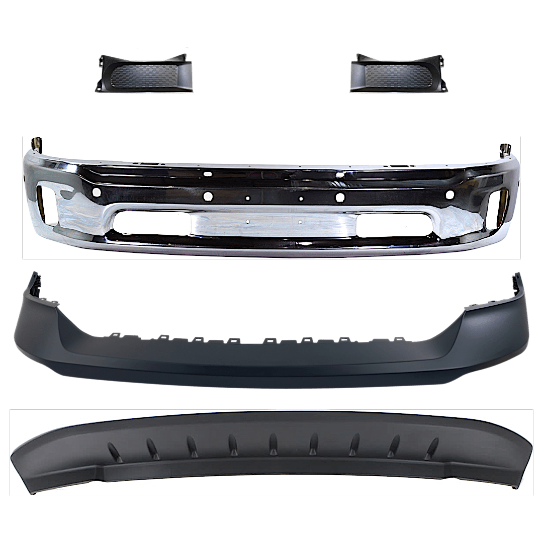 kit-072924-c2135_1.png Replacement 5-Piece Kit, Front, Lower Bumper, For Models With Two Piece Bumper Type, Chrome, Includes (1) Bumper, (1) Bumper Cover, (2) Bumper Trim, and (1) Valance - Image 1