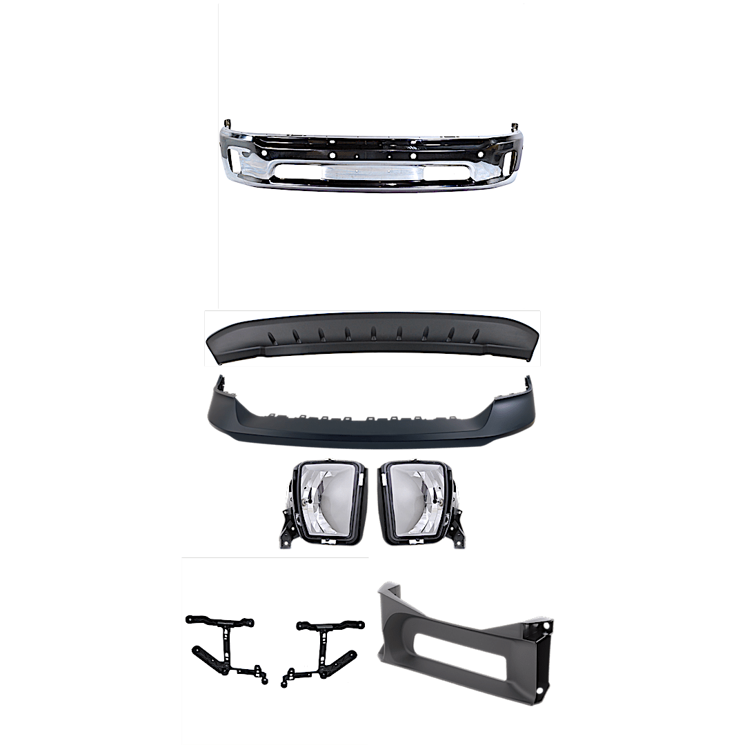 kit-072924-c65_1.png Replacement 13-Piece Kit, Front, Lower Bumper, For Models With Two Piece Bumper Type, Chrome, Includes (1) Bumper, (4) Bumper Bracket, (1) Bumper Cover, (4) Bumper Trim, (2) Fog Light, and (1) Valance - Image 1
