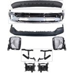 Replacement 9-Piece Kit, Front, Lower Bumper, For Models With Two Piece Bumper Type, Chrome, Includes (1) Bumper, (4) Bumper Bracket, (1) Bumper Cover, (2) Fog Light, and (1) Valance