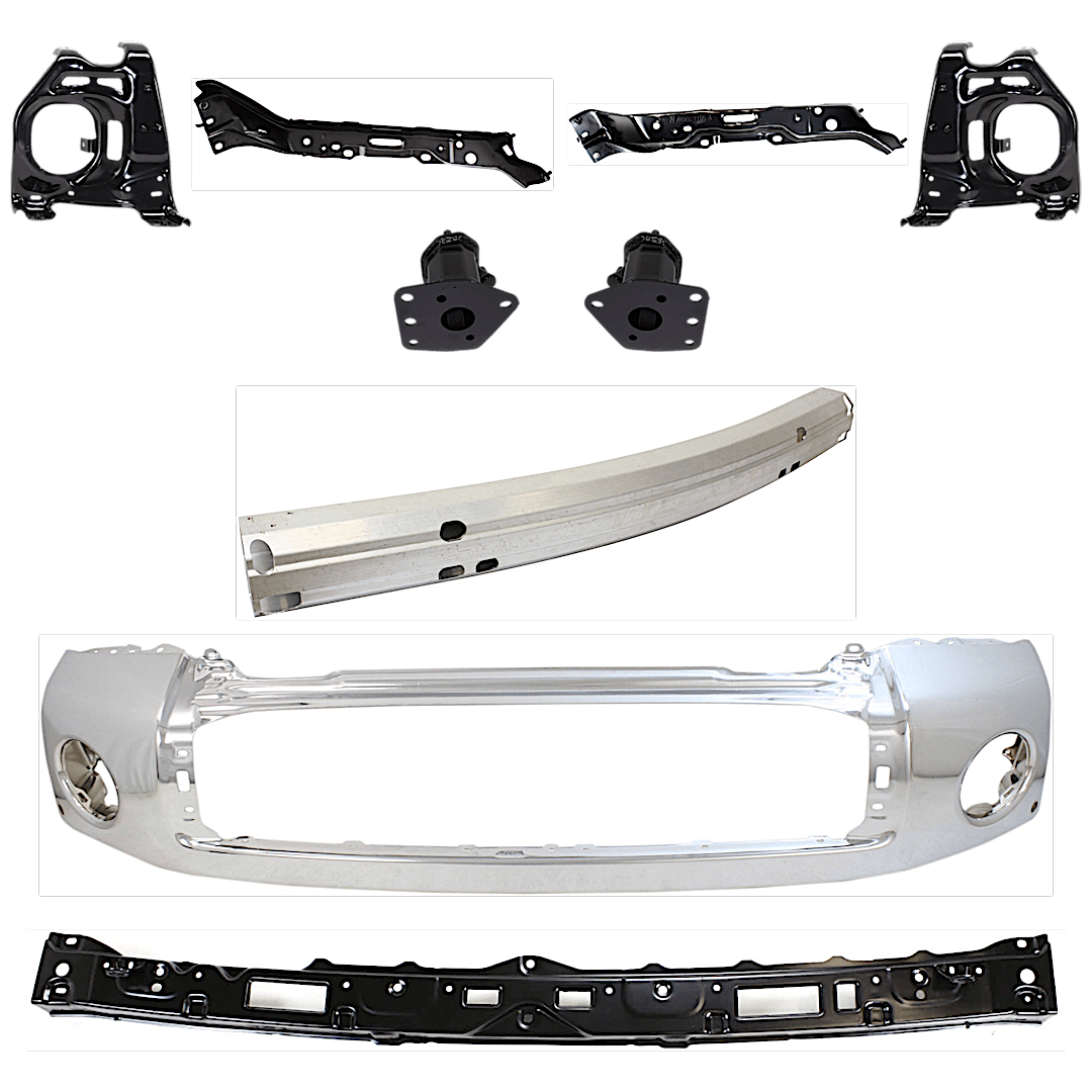 kit-072924-c841_1.png Replacement 9-Piece Kit, Front Bumper, Chrome, Includes (1) Bumper, (4) Bumper Bracket, (1) Bumper Reinforcement, and (3) Bumper Retainer - Image 1