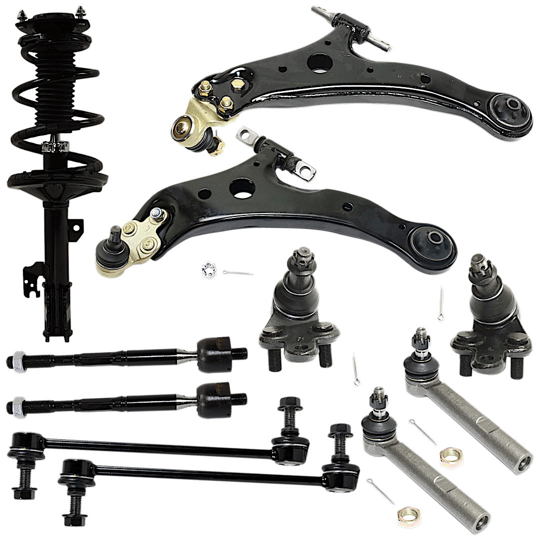 kit-080124-97_1.png TrueDrive 13-Piece Kit Front, Driver and Passenger Side Suspension Kit, Includes (2) Ball Joint, (2) Control Arm, (1) Loaded Strut, (2) Steering Rack Boot, (2) Sway Bar Link, and (4) Tie Rod End - Image 1