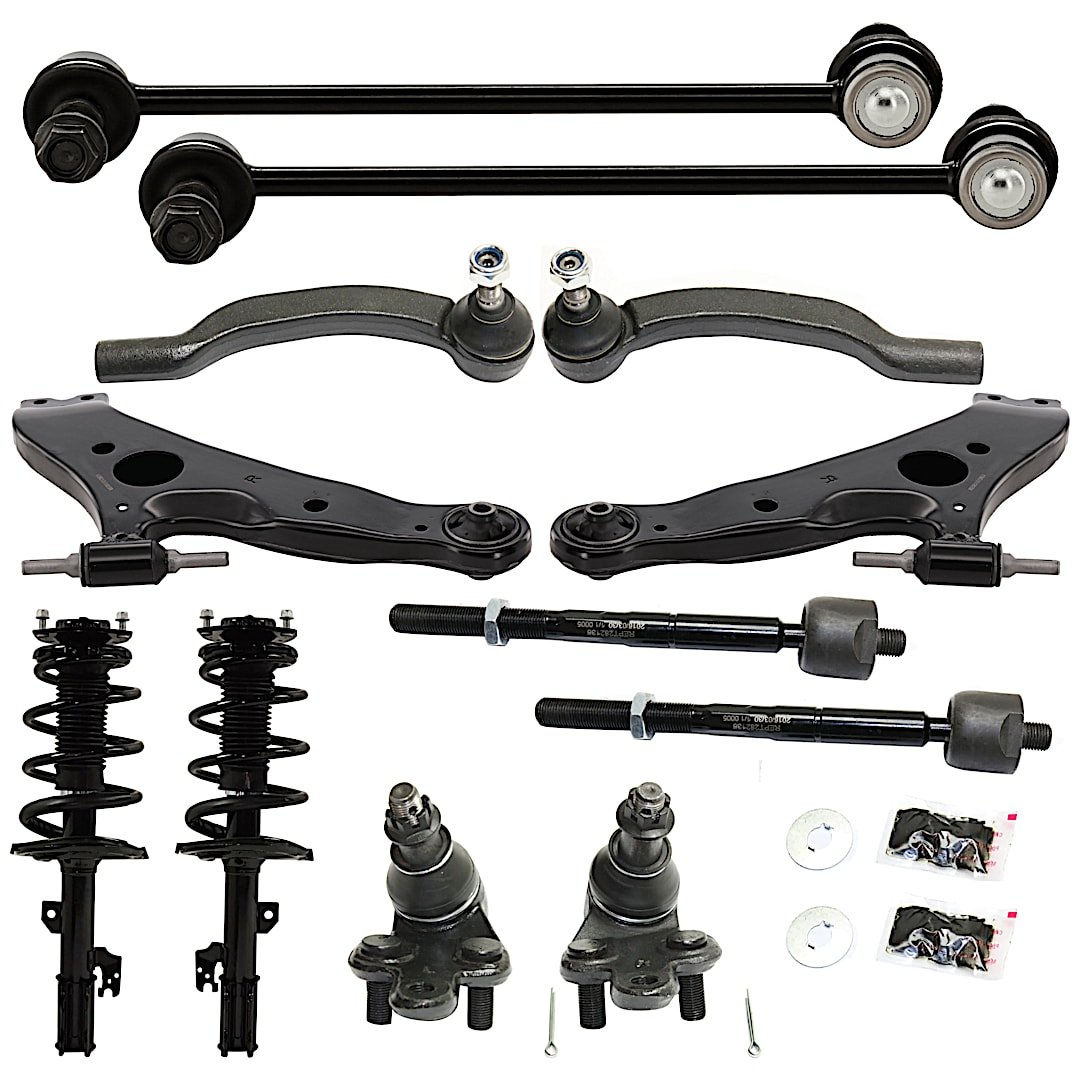 kit-080624-30_1.jpg TrueDrive 12-Piece Kit Front, Driver and Passenger Side Suspension Kit, Includes (2) Ball Joint, (2) Control Arm, (2) Loaded Strut, (2) Sway Bar Link, and (4) Tie Rod End - Image 1