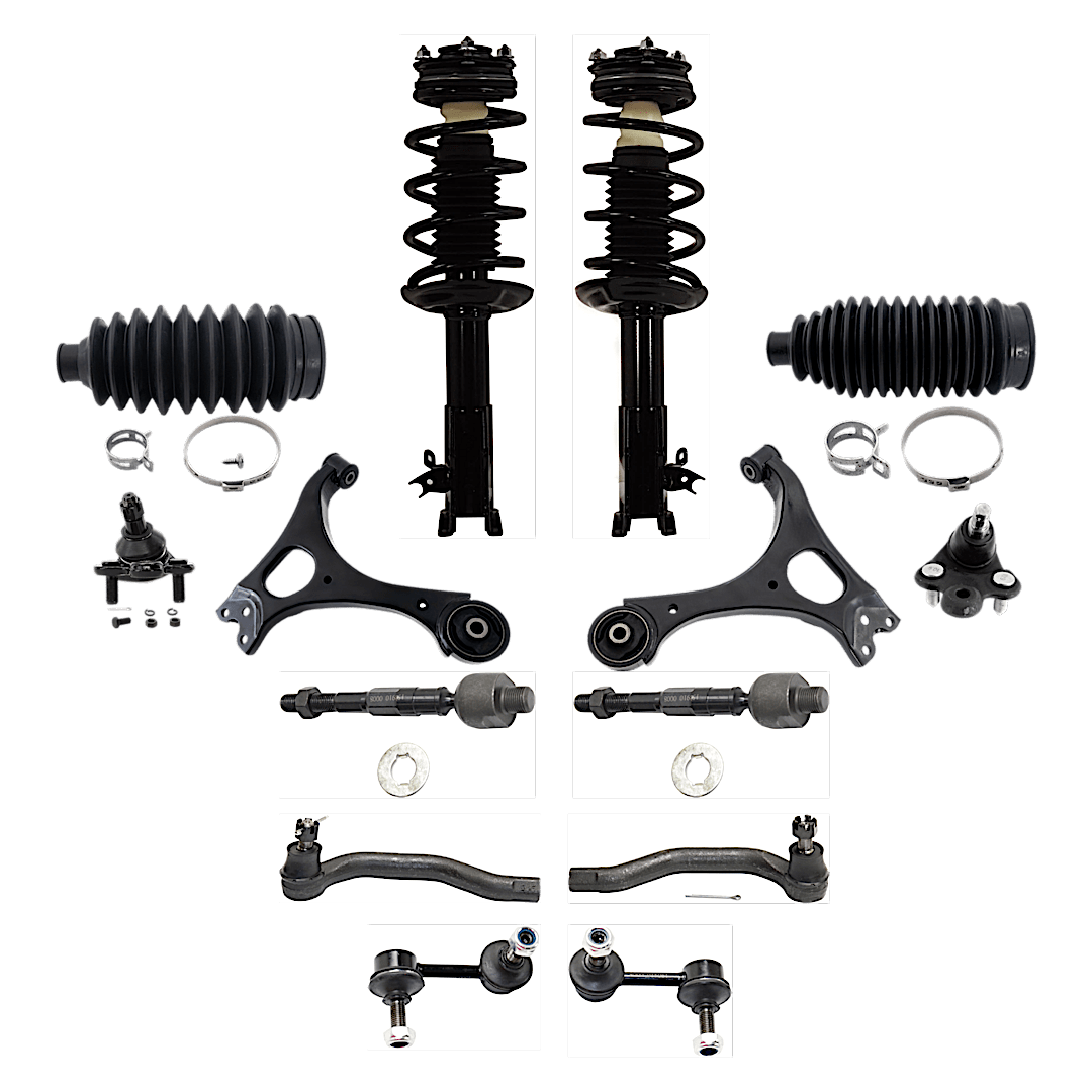 kit-081324-c02_1.png TrueDrive 14-Piece Kit Front, Driver and Passenger Side Fully Loaded Struts Includes Control Arms and Ball Joints Lower, Sway Bar Links (Front), Steering Rack Boots and Tie Rod Ends (Inner/Outer), Sedan - Image 1