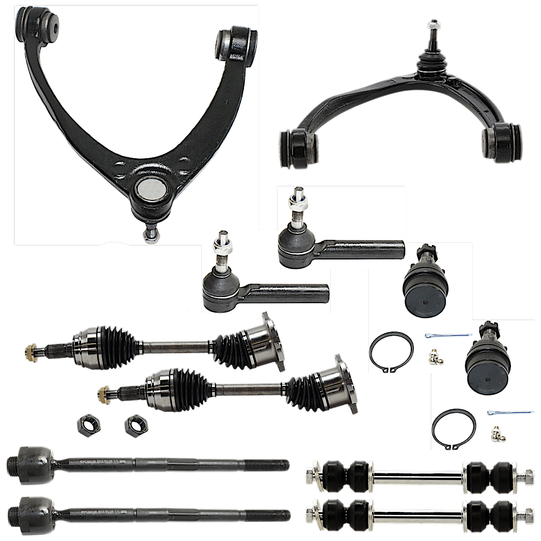 kit-081324-c120_1.png TrueDrive 12-Piece Kit Front, Driver and Passenger Side Suspension Kit, Includes (2) Axle Assembly, (2) Ball Joint, (2) Control Arm, (2) Sway Bar Link, and (4) Tie Rod End - Image 1