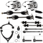 JC Whitney 16-Piece Kit Front, Driver and Passenger Side Axle Assembly, includes (2) Axle Assembly, (2) Ball Joint, (2) Control Arm, (2) Steering Rack Boot, (2) Sway Bar Link, (4) Tie Rod End, and (2) Wheel Hub