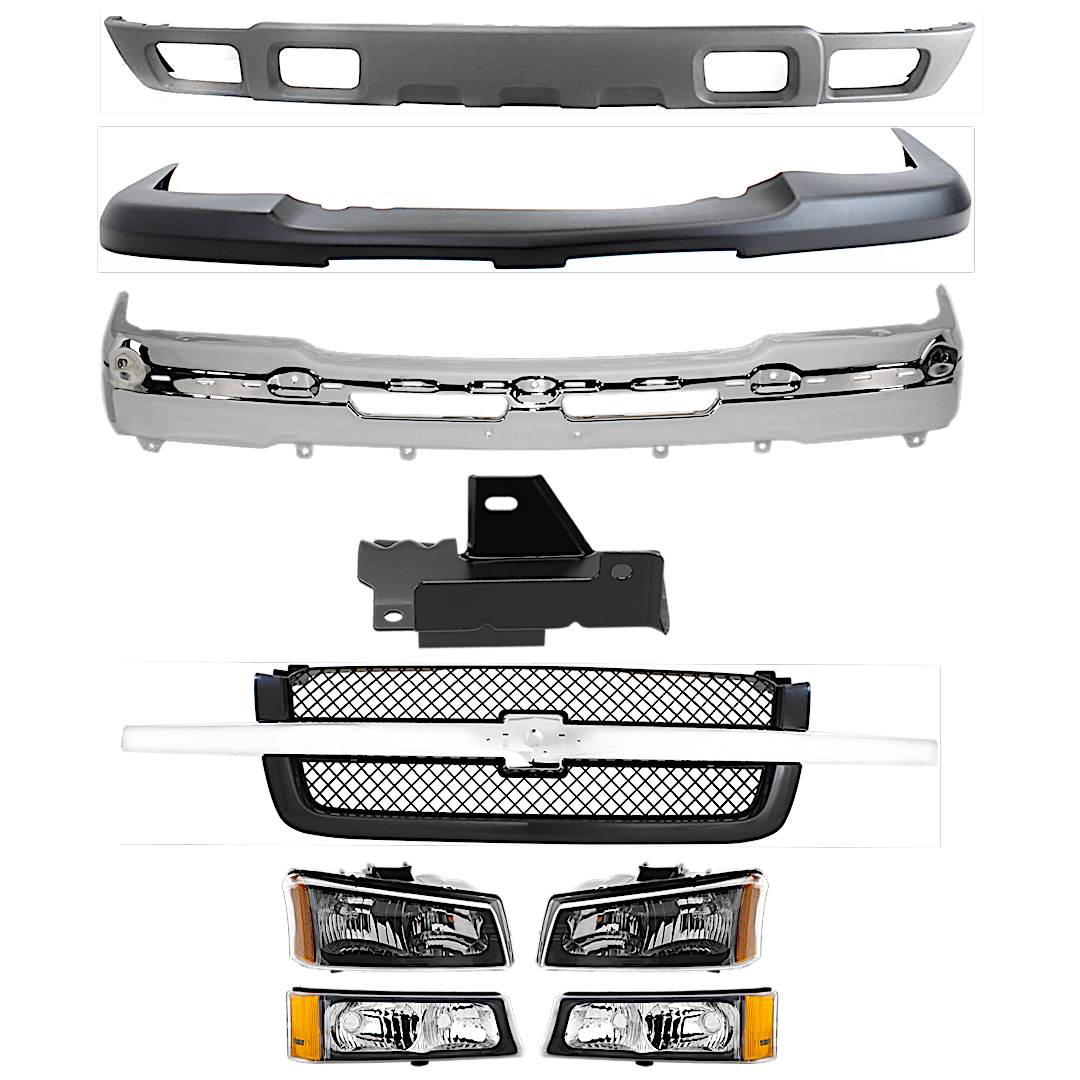kit-082224-c500_1.png Replacement 12-Piece Kit, Front Bumper, Chrome, Includes (1) Bumper, (4) Bumper Bracket, (1) Bumper Cover, (1) Grille, (2) Headlight, (2) Turn Signal Light, and (1) Valance - Image 1