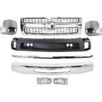 Replacement 8-Piece Kit Grille Chrome Shell with Textured Black Insert, Includes (1) Bumper, (2) Bumper End, (2) Fog Light, (1) Grille Assembly, (1) Hood Molding, and (1) Valance