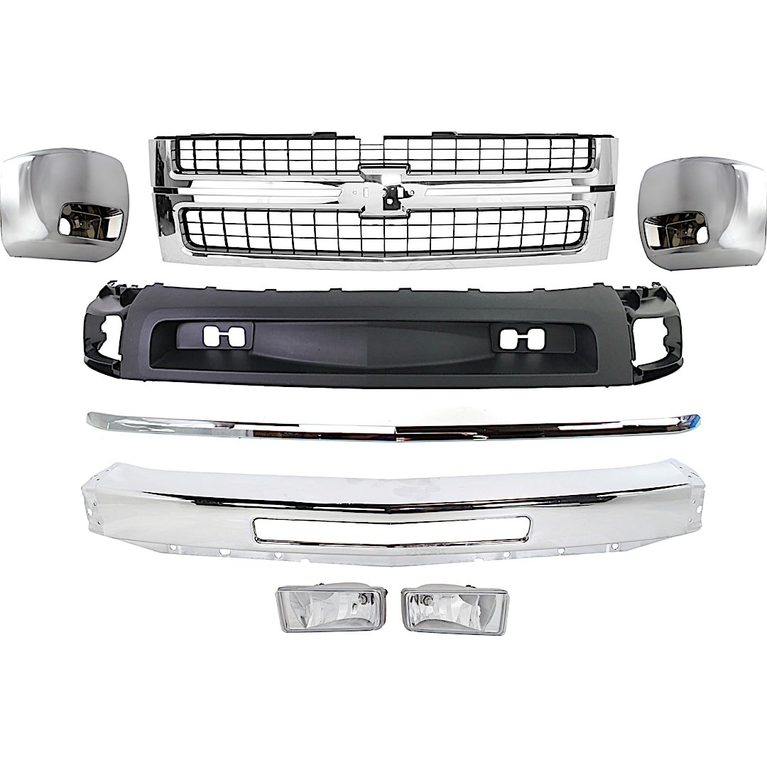 kit-082224-c512_1.jpg Replacement 8-Piece Kit Grille Chrome Shell with Textured Black Insert, Includes (1) Bumper, (2) Bumper End, (2) Fog Light, (1) Grille Assembly, (1) Hood Molding, and (1) Valance - Image 1