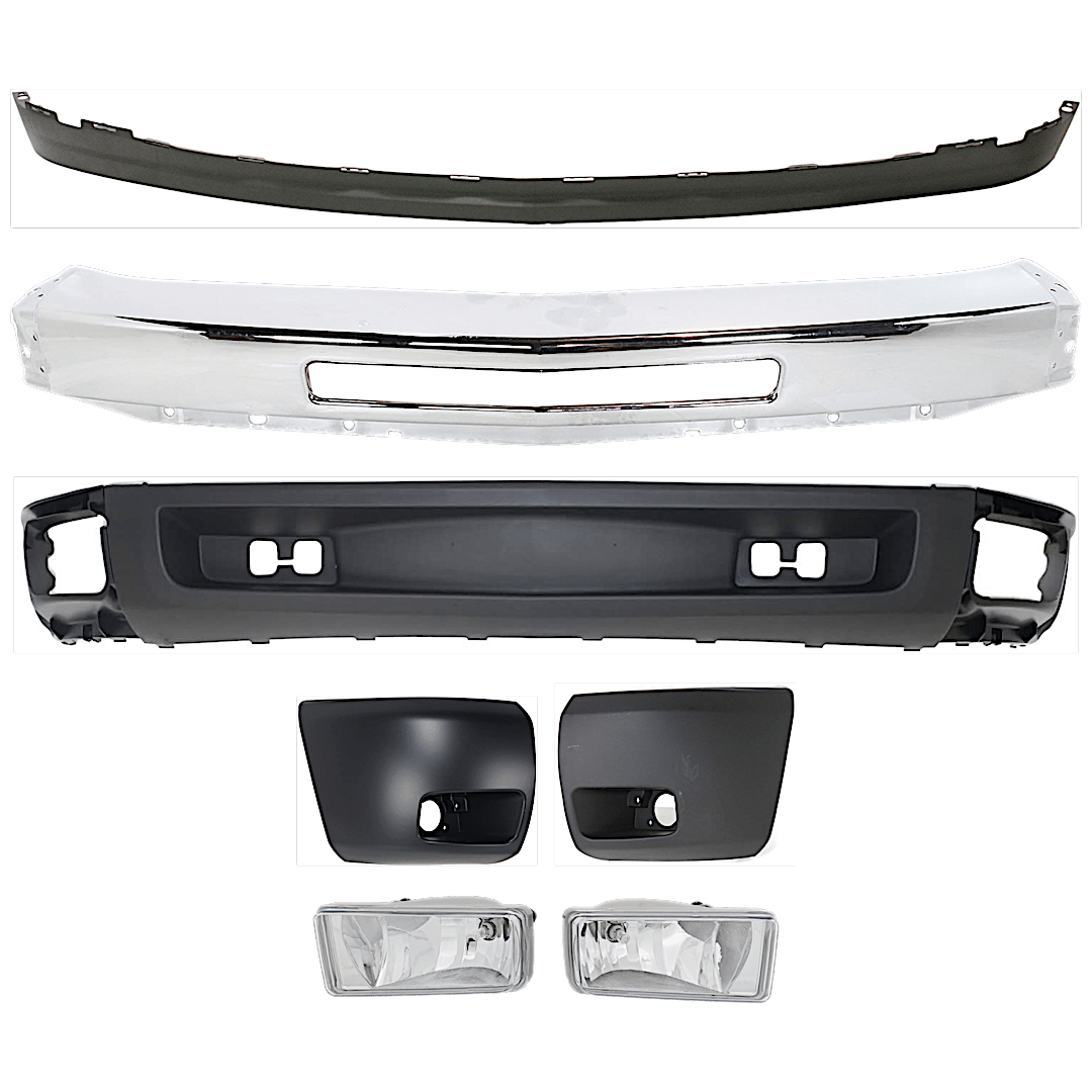 kit-082224-c521_1.png Replacement 7-Piece Kit, Front Bumper, Chrome, Includes (1) Bumper, (2) Bumper End, (2) Fog Light, and (2) Valance - Image 1