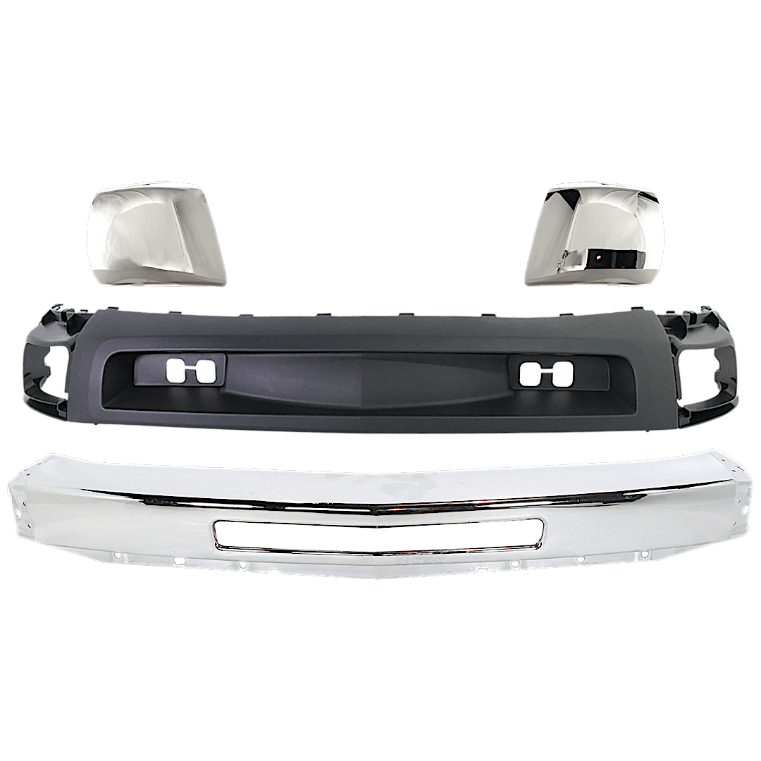 kit-082224-c571_1.png Replacement 4-Piece Kit Front Bumper End, For Models Without Fog Lights, Chrome, Plastic, Includes (1) Bumper, (2) Bumper End, and (1) Valance - Image 1