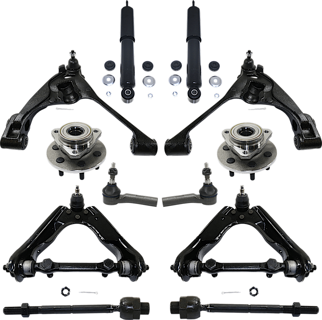 kit-083017-19_1.png TrueDrive 12-Piece Kit Front, Driver and Passenger Side, Upper and Lower Control Arm, 2-Wheel ABS, Four Wheel Drive, with Shock Absorber and Strut Assembly, Tie Rod Ends, and Wheel Hubs - Image 1