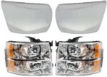 Replacement 4-Piece Kit Front, Driver and Passenger Side Bumper End, For Models Without Fog Lights, Chrome, Plastic, Includes (2) Bumper End and (2) Headlight