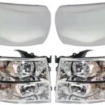 Replacement 4-Piece Kit Front, Driver and Passenger Side Bumper End, For Models Without Fog Lights, Chrome, Plastic, Includes (2) Bumper End and (2) Headlight