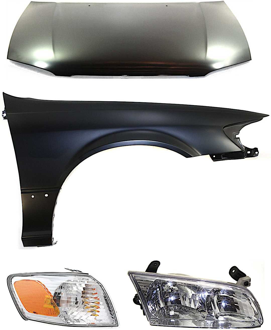 kit-111016-44_1.jpg Replacement 4-Piece Kit Factory Style Hood, USA Built Vehicle, Steel, Primed, Includes (1) Corner Light, (1) Fender, (1) Headlight, and (1) Hood - Image 1