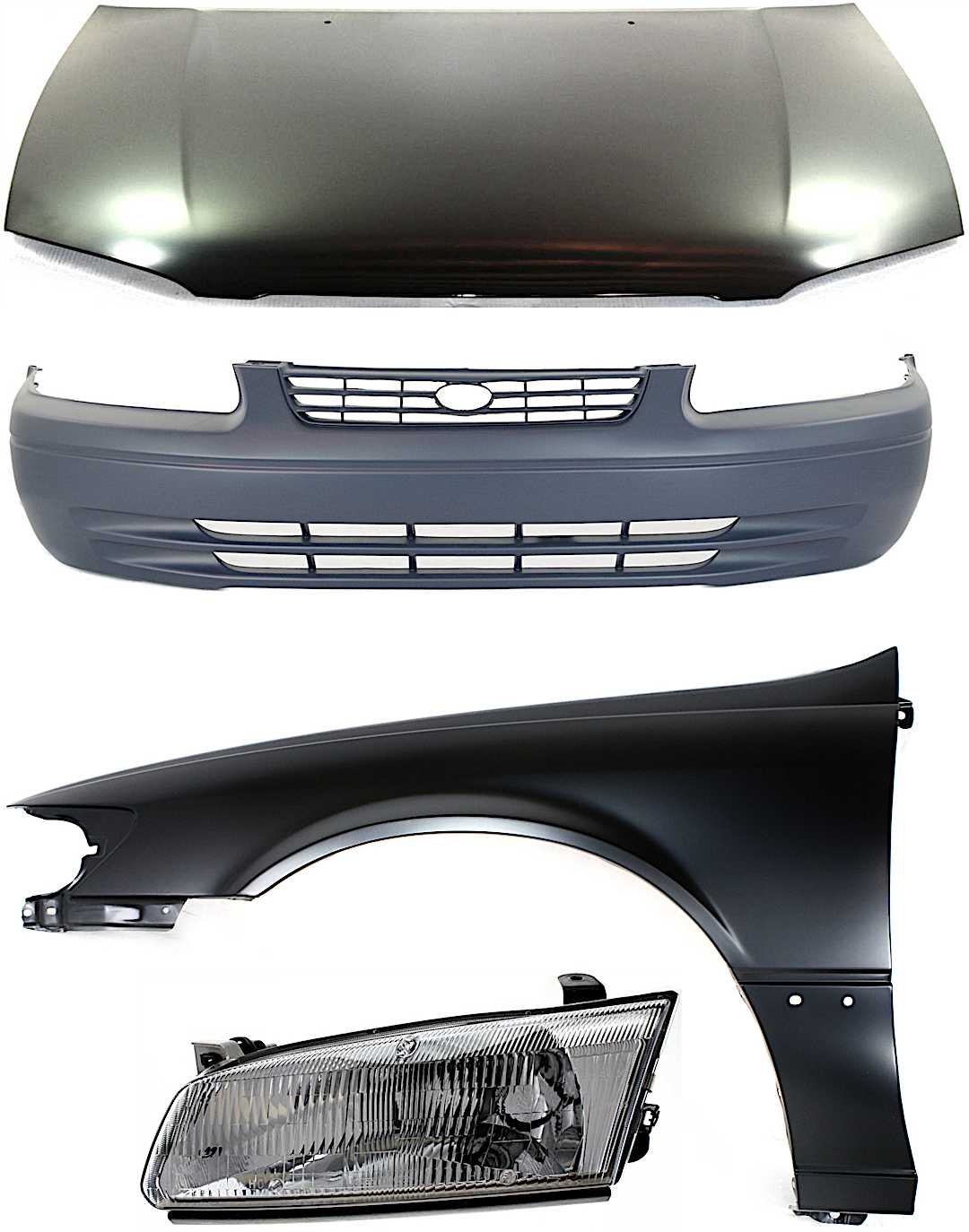 kit-111216-39_1.jpg Replacement 4-Piece Kit Factory Style Hood, USA Built Vehicle, Steel, Primed, Includes (1) Bumper Cover, (1) Fender, (1) Headlight, and (1) Hood - Image 1