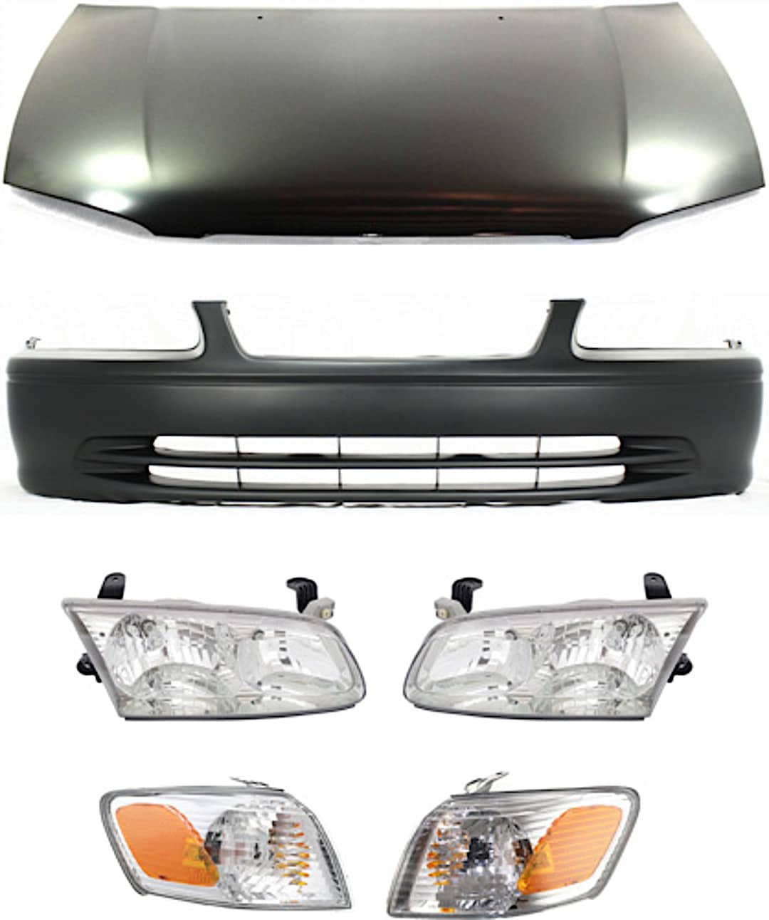 kit-111316-08_1.jpg Replacement 6-Piece Kit Factory Style Hood, USA Built Vehicle, Steel, Primed, Includes (1) Bumper Cover, (2) Corner Light, (2) Headlight, and (1) Hood - Image 1