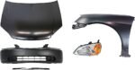Replacement 5-Piece Kit Factory Style Hood, Sedan, Steel, Primed, Includes (1) Bumper Cover, (1) Fender, (1) Headlight, (1) Hood, and (1) Hood Molding