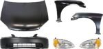 Replacement 6-Piece Kit Factory Style Hood, Coupe, Steel, Primed, Includes (1) Bumper Cover, (2) Fender, (2) Headlight, and (1) Hood
