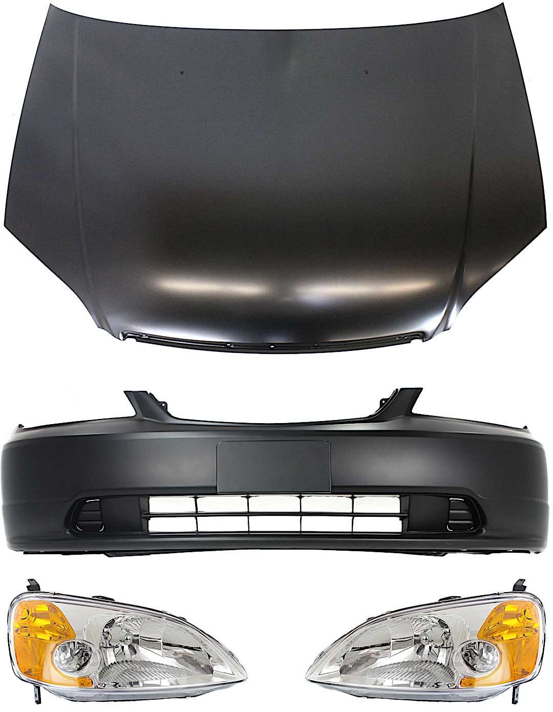 kit-111316-82_1.jpg Replacement 4-Piece Kit Factory Style Hood, Coupe, Steel, Primed, Includes (1) Bumper Cover, (2) Headlight, and (1) Hood - Image 1