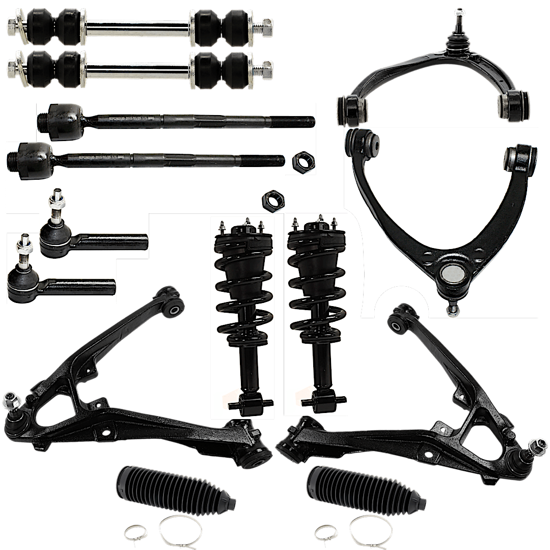 kit-112222-10_1.png TrueDrive 14-Piece Kit Front, Driver and Passenger Side Suspension with Control Arms, Loaded Struts, Steering Rack Boots, Sway Bar Links, and Tie Rod Ends, Crew Cab Pickup/Extended Cab Pickup - Image 1