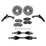 JC Whitney 8-Piece Kit Front, Driver and Passenger Side Axle Assembly with Brake Discs, Brake Pad Set, and Control Arms, Front Wheel Drive