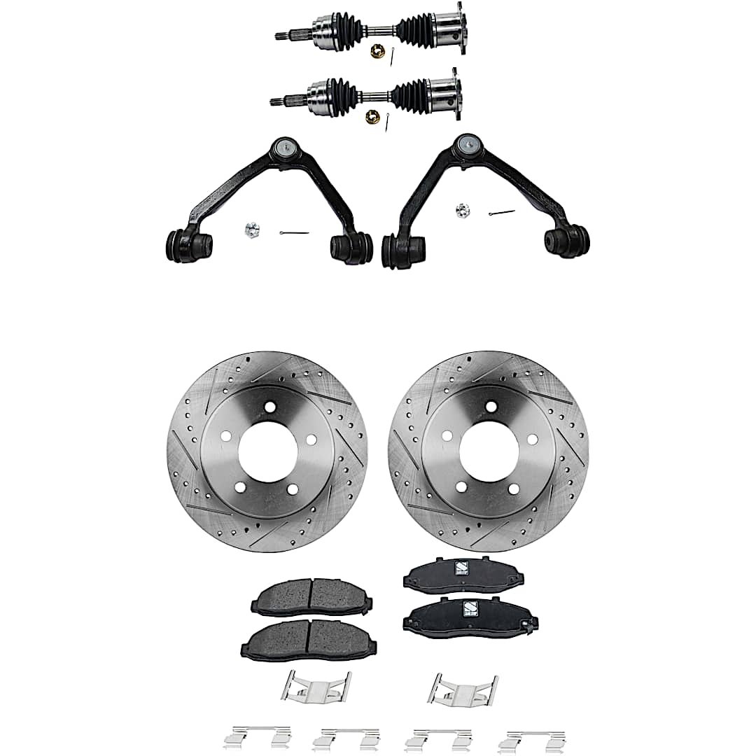 kit-j052722-003_1.jpg JC Whitney 8-Piece Kit Front Axle Assembly with Brake Discs, Brake Pad Set, and Control Arms, Four Wheel Drive - Image 1