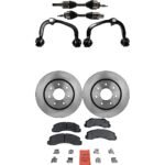JC Whitney 8-Piece Kit Front, Driver and Passenger Side Axle Assembly, with 7 Lugs, includes (2) Axle Assembly, (2) Brake Disc, (1) Brake Pad Set, and (2) Control Arm