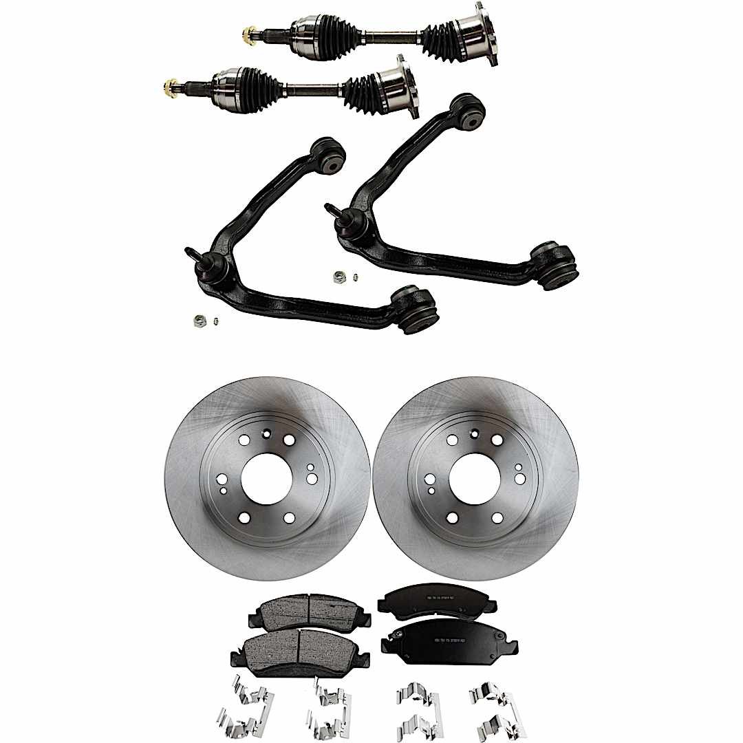 kit-j060222-011_1.jpg JC Whitney 8-Piece Kit Front, Driver and Passenger Side Axle Assembly with Brake Discs, Brake Pad Set, and Control Arms, For Models with Rear Drum Brakes - Image 1