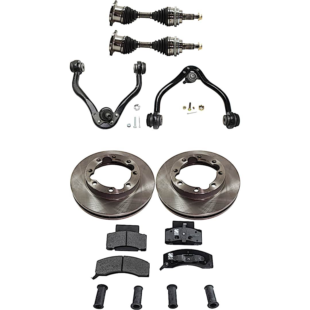 kit-j060222-074_1.jpg JC Whitney 8-Piece Kit Front, Driver and Passenger Side Axle Assembly with Brake Discs, Brake Pad Set, and Control Arms, For Models with Dual Rear Wheel - Image 1