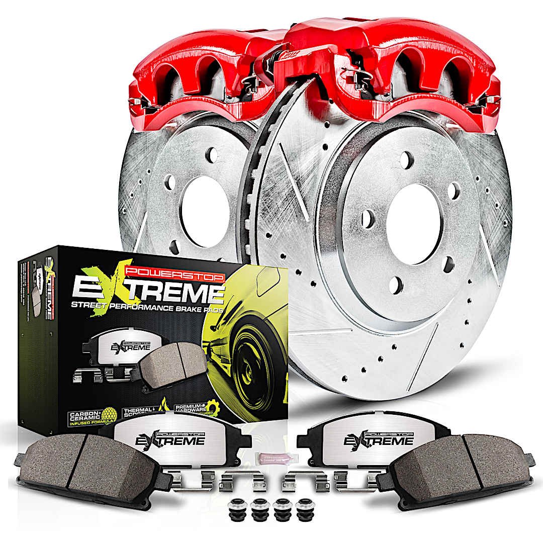 p15kc1304d26_1.jpg Powerstop KC1304D-26 Front Brake Disc and Caliper Kit, Cross-drilled and Slotted 5 Lugs 330 mm Red Powdercoat Caliper, Carbon Fiber Ceramic, Z26 Street Warrior Carbon-Fiber Ceramic Series - Image 1