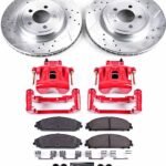Powerstop KC2560B Front Brake Disc and Caliper Kit, Cross-drilled and Slotted 5 Lugs Red Powdercoat Caliper, Carbon Fiber Ceramic, Z23 Evolution Sport Series