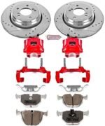 Powerstop KC5732-26 Rear Brake Disc and Caliper Kit, Cross-drilled and Slotted 5 Lugs 327 mm Red Powdercoat Caliper, Carbon Fiber Ceramic, Z26 Street Warrior Carbon-Fiber Ceramic Series