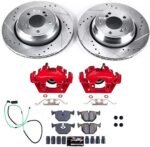 Powerstop KC5732 Rear Brake Disc and Caliper Kit, Cross-drilled and Slotted 5 Lugs 327 mm Red Powdercoat Caliper, Carbon Fiber Ceramic, Z23 Evolution Sport Series
